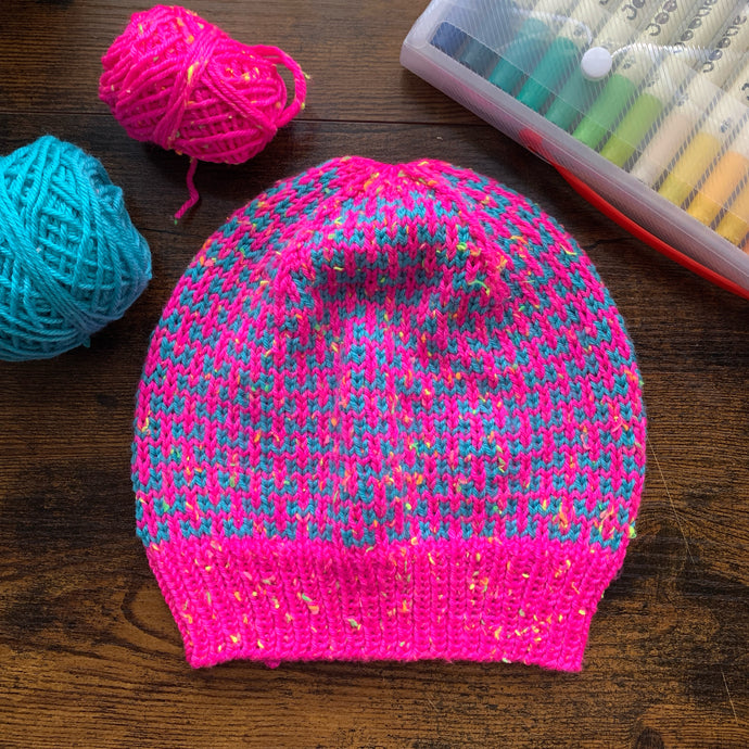 venture hat in pink neon tweed and blue | hand knits