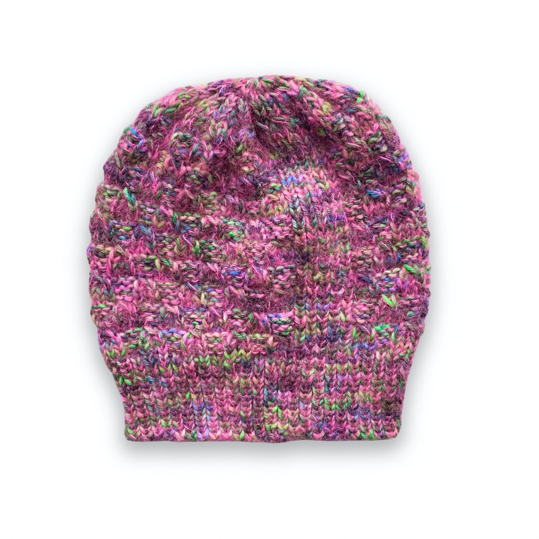 cloudburst hat in pinks and greens | hand knits