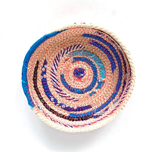 blue fabric scraps/coral thread - 4" | rope bowl/notions tray